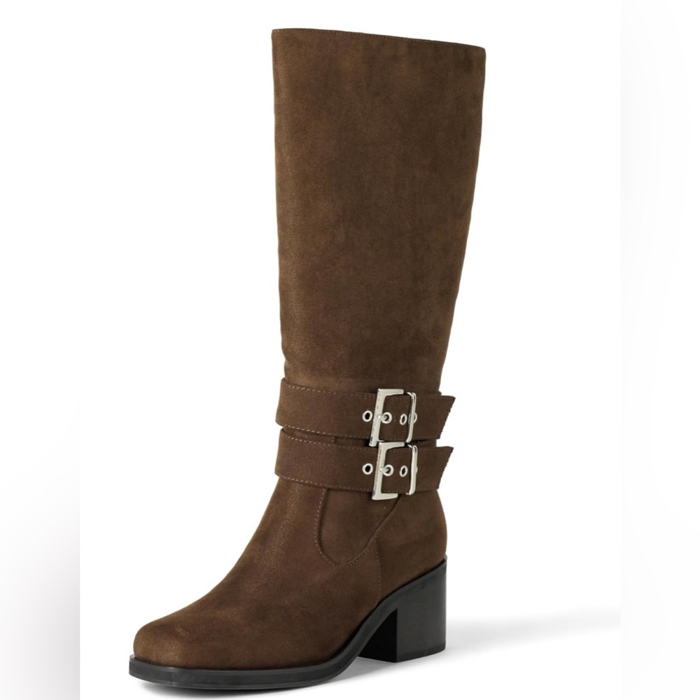 The Drop Sage Tall Biker Boot with Buckles Brown Size 7